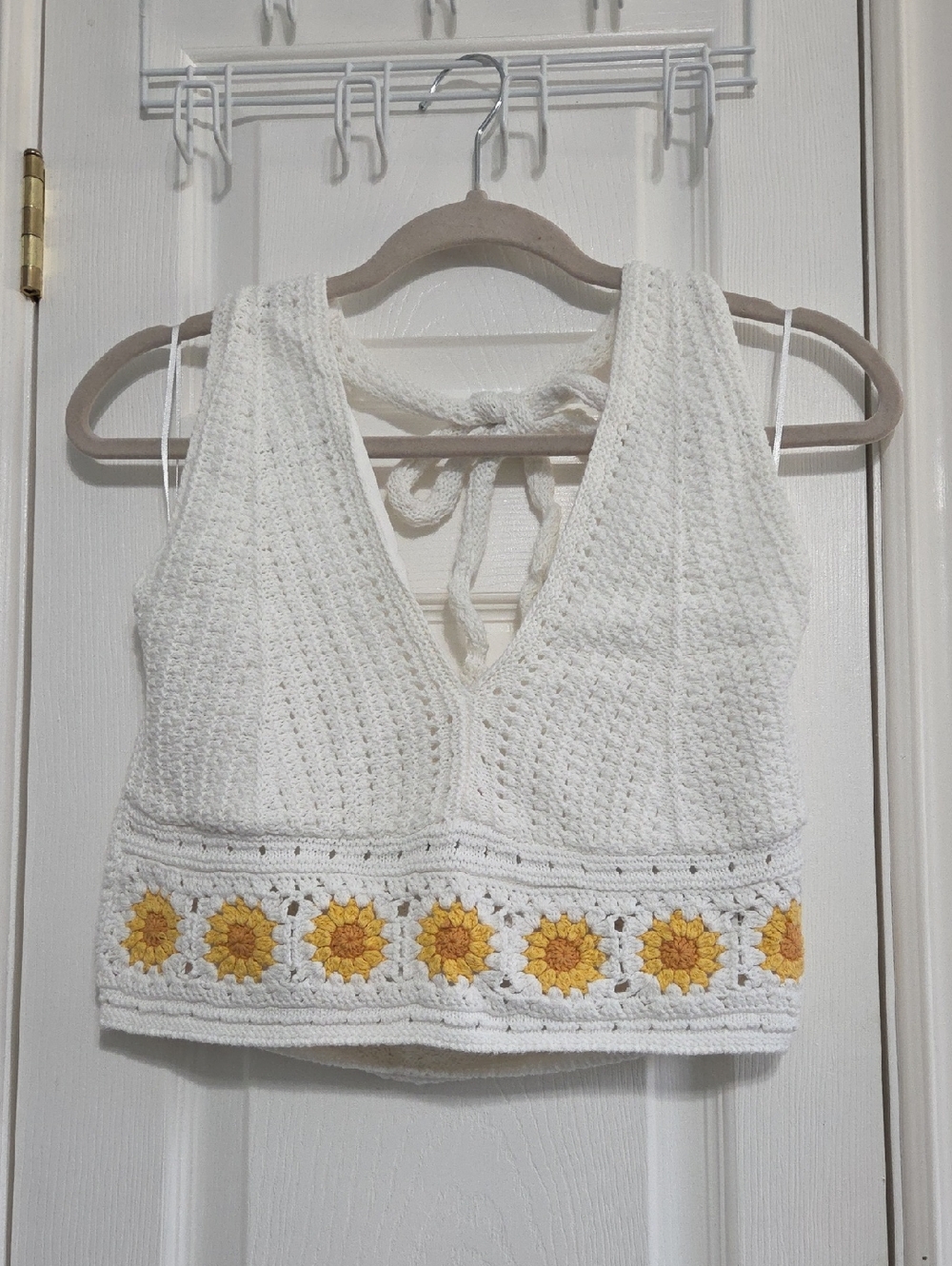 Hollister White Crochet Halter Crop Top with Yellow Floral Trim
